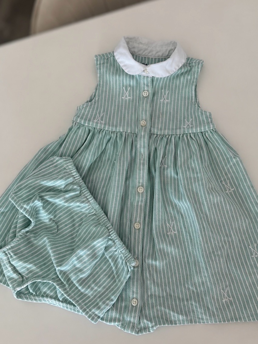 Ralph Lauren Mint Green and White Striped Sleeveless Dress with Bloomer